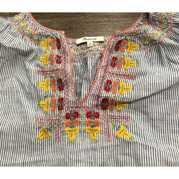 Madewell Embroidered Penny Peasant Top Womens Medium Blue Cotton - Picture 2 of 7